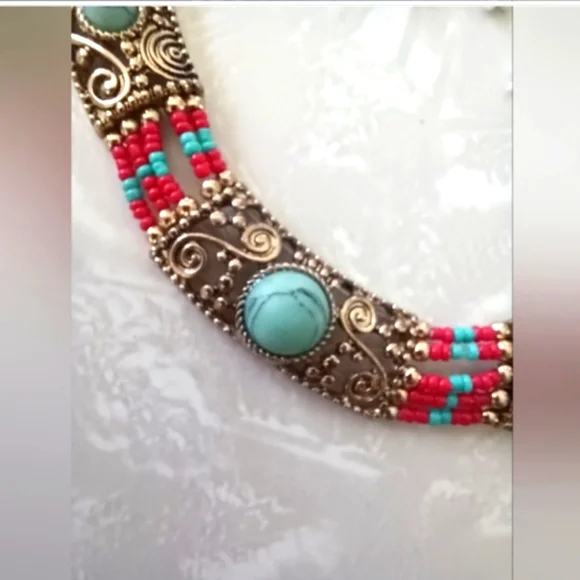 Beaded Necklace and Earrings Red & Turquoise - Picture 3 of 7